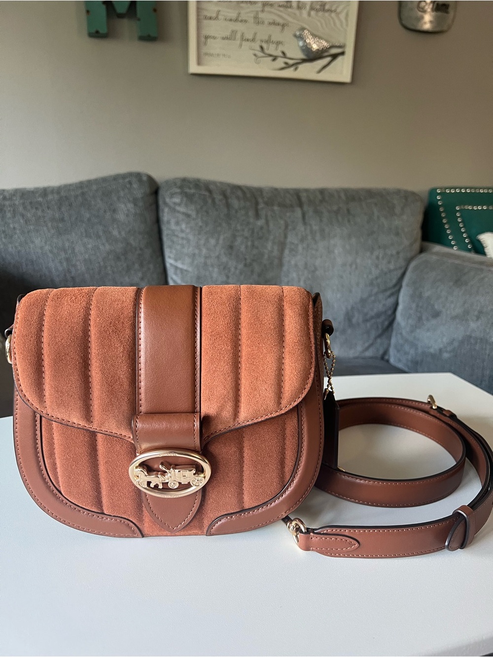 Coach Brown Quilted Suede Crossbody Bag with Gold Accent